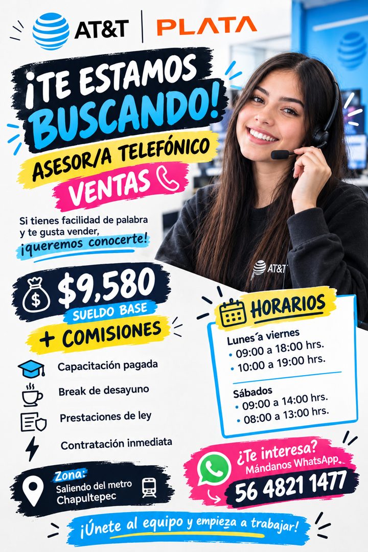 Banner del anuncio de la vacante: AT&T · PLATA · ¡TE ESTAMOS · BUSCANDO! · ASESOR/A TELEFÓNICO · VENTAS C · Si tienes facilidad de palabra · y te gusta vender, · ¡queremos co