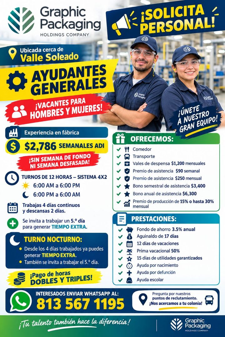 Banner del anuncio de la vacante: $ · Graphic · Packaging · HOLDINGS COMPANY · Ubicada cerca de · Valle Soleado · AYUDANTES · GENERALES · ¡VACANTES PARA · HOMBRES Y MUJERES! 