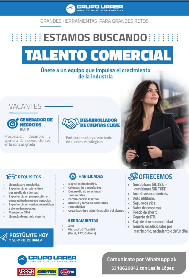 Banner del anuncio de la vacante: GRUPO URRER · SOLUCION TOTAL EN HEALAMIENTAS · GRANDES HERRAMIENTAS PARA GRANDES RETOS · HETE ESTAMOS BUSCANDO 111111 · TALENTO COMERCIAL · 
