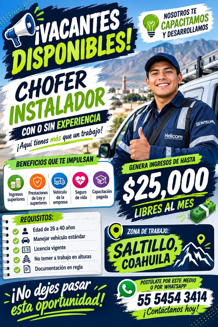 Banner del anuncio de la vacante: IVACANTES · DISPONIBLES! · CHOFER · INSTALADOR · CON O SIN EXPERIENCIA · ¡Aquí tienes más que un trabajo! · BENEFICIOS QUE TE IMPULSAN · NOS