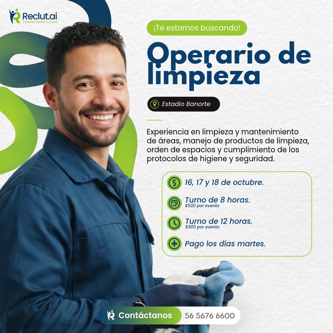 Banner del anuncio de la vacante: Reclutai · Conecta. Gestiona. Crece · ¡Te estamos buscando! · Operario de · limpieza · Estadio Banorte · Experiencia en limpieza y mantenimi