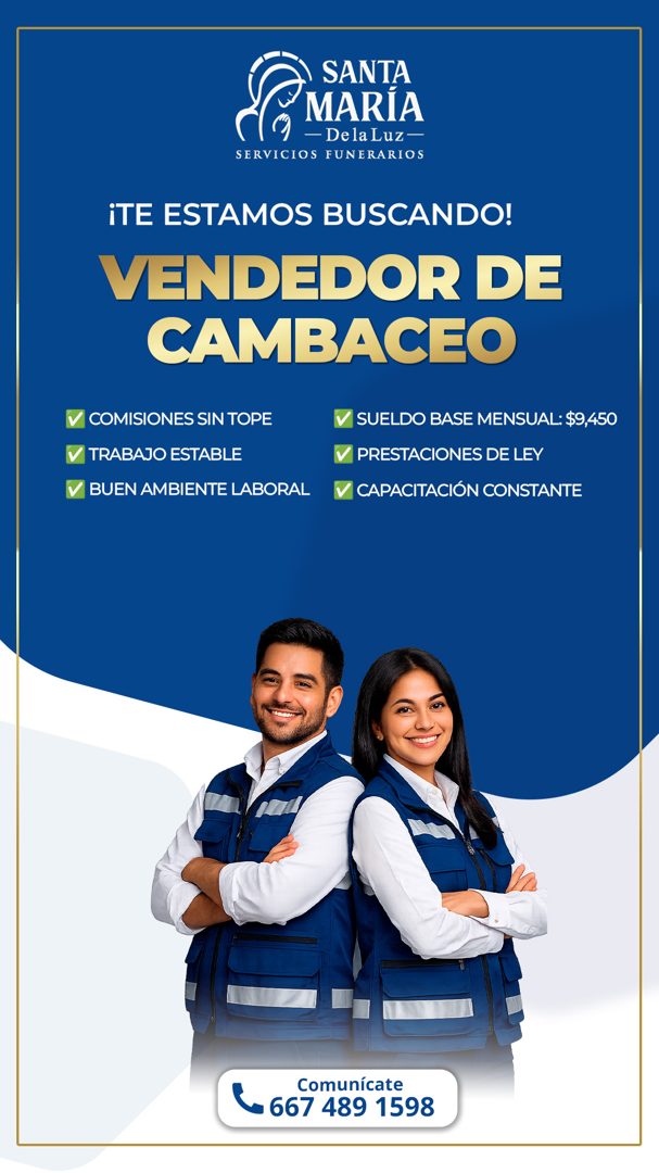 Banner del anuncio de la vacante: SANTA · A MARÍA · - Dela Luz— · SERVICIOS FUNERARIOS · ¡TE ESTAMOS BUSCANDO! · VENDEDOR DE · CAMBACEO · COMISIONES SIN TOPE · TRABAJO ESTABL