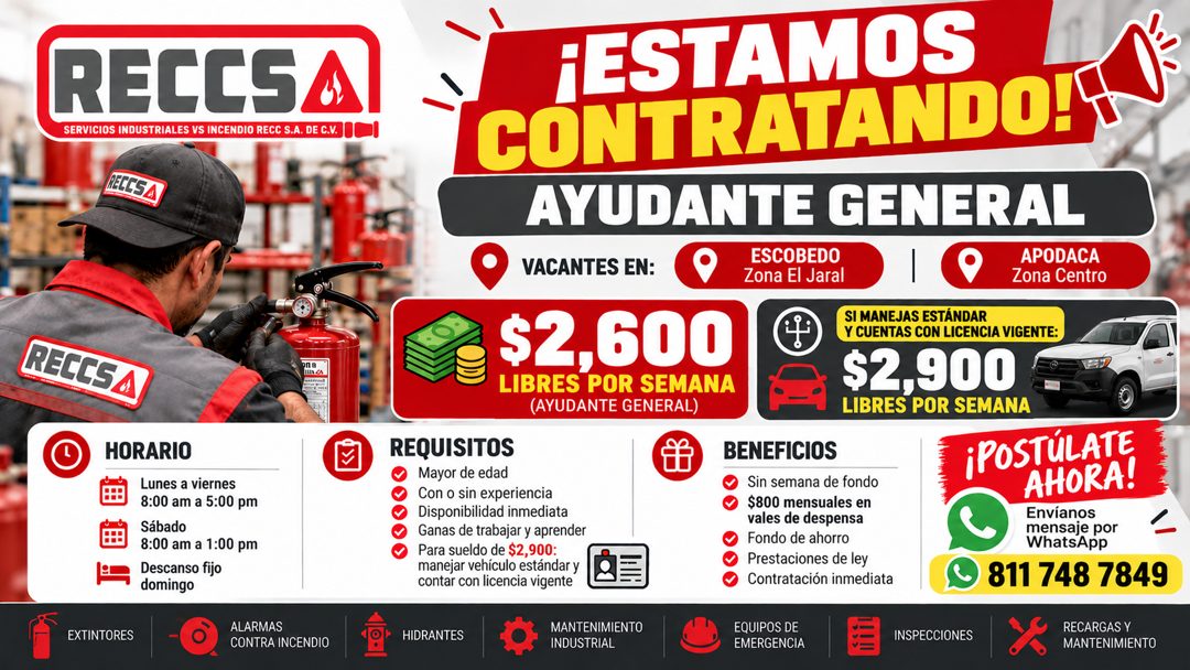 Banner del anuncio de la vacante: RECCSA · SERVICIOS INDUSTRIALES VS INCENDIO RECC S.A. DE C.V. 000 · RELLSA · RECCSA · HORARIO · Lunes a viernes · 8:00 am a 5:00 pm · Sábado