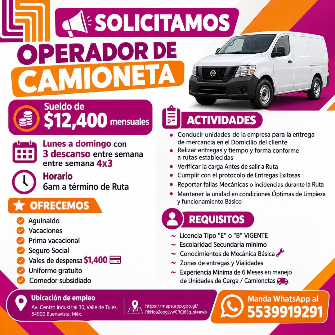 Banner del anuncio de la vacante: §SOLICITAMOS · OPERADOR DE · CAMIONETA · Sueldo de · $12,400 mensuales · Lunes a domingo con · 3 descanso entre semana · entre semana 4x3 · 