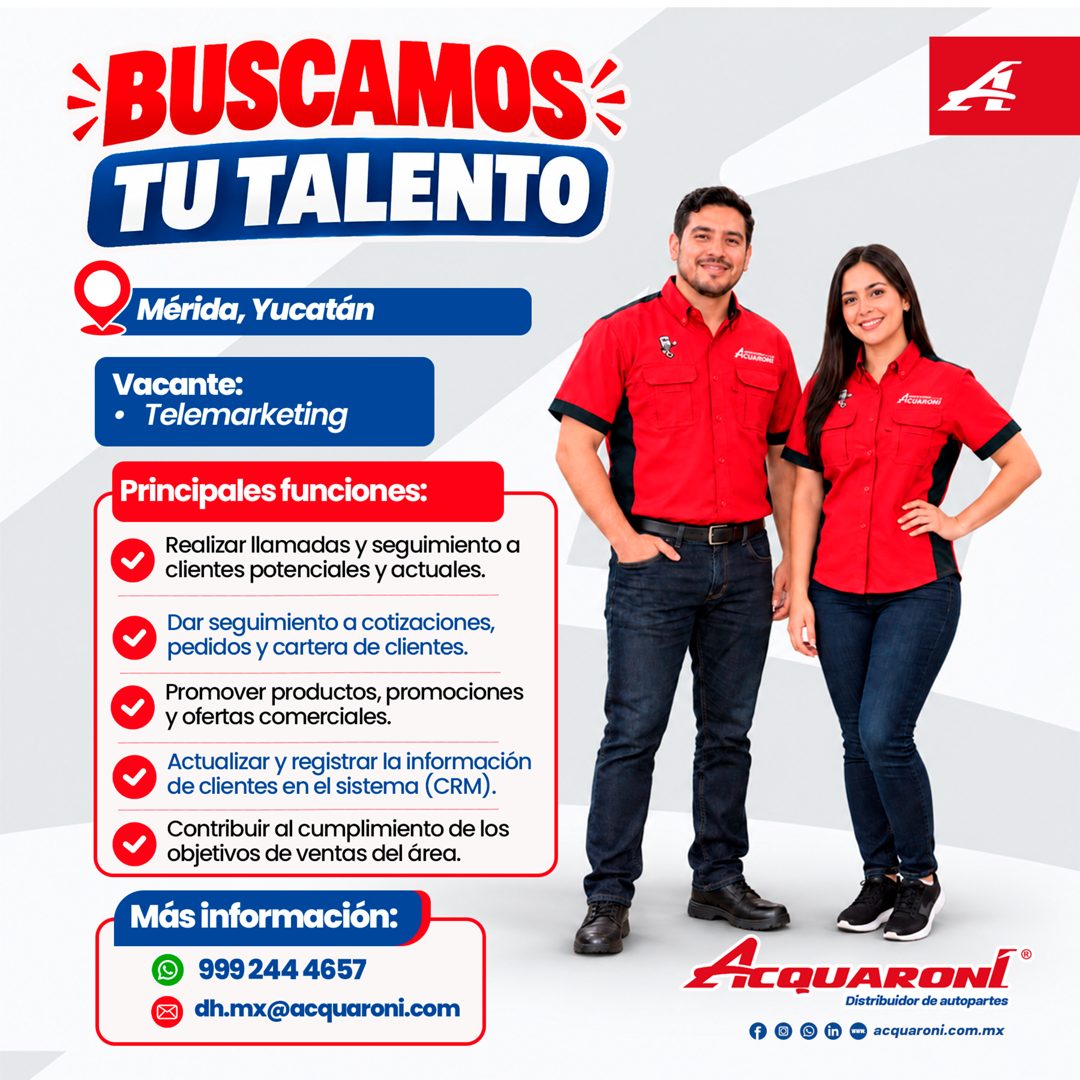 Banner del anuncio de la vacante: -BUSCAMOS* · TU TALENTO · Mérida, Yucatán · Vacante: · Telemarketing · Principales funciones: · Realizar llamadas y seguimiento a · clientes