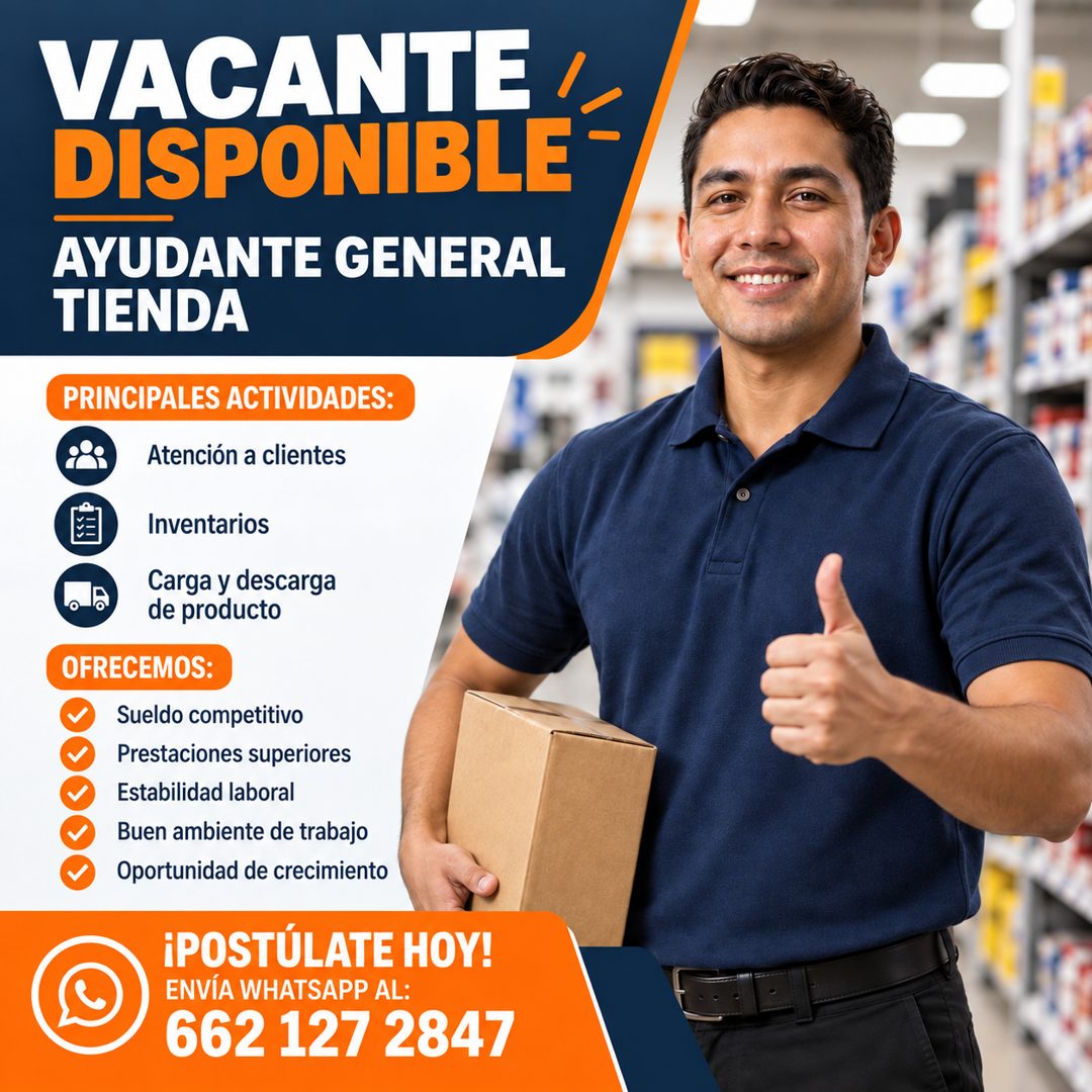 Banner del anuncio de la vacante: VACANTE · DISPONIBLE · AYUDANTE GENERAL · TIENDA · PRINCIPALES ACTIVIDADES: · Atención a clientes · Inventarios · Carga y descarga · de prod