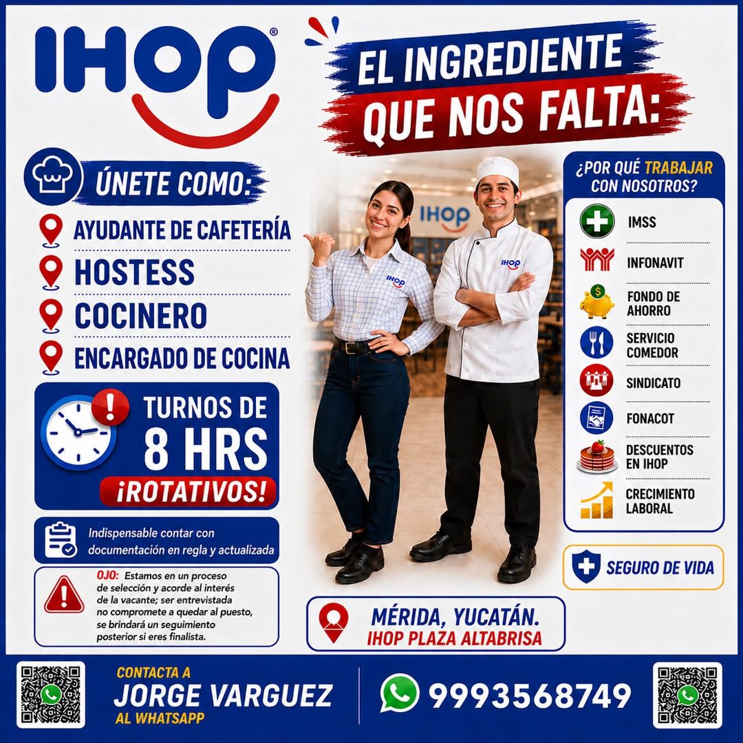 Banner del anuncio de la vacante: Інор · EL INGREDIENTE · QUE NOS FALTA: · ¿POR QUÉ TRABAJAR · CON NOSOTROS? · Інор · + · IMSS · ÚNETE COMO: · ° AYUDANTE DE CAFETERIA · 2 HOS