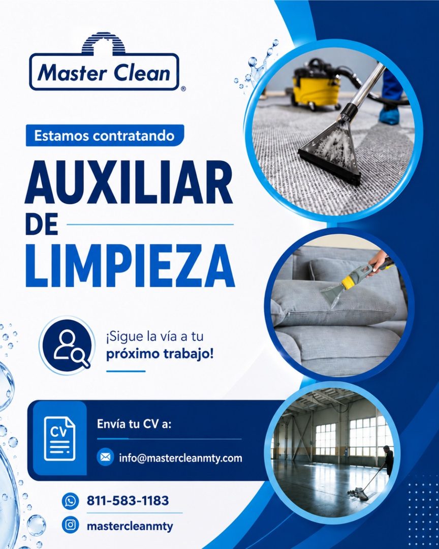 Banner del anuncio de la vacante: Master Clean · ® · Estamos contratando · AUXILIAR · DE · LIMPIEZA · ¡Sigue la vía a tu · próximo trabajo! · Envía tu CV a: · info@masterclea