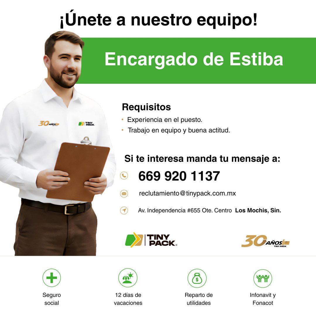 Banner del anuncio de la vacante: ¡Únete a nuestro equipo! · Encargado de Estiba · I BACK · Requisitos · • Experiencia en el puesto. · • Trabajo en equipo y buena actitud. · 
