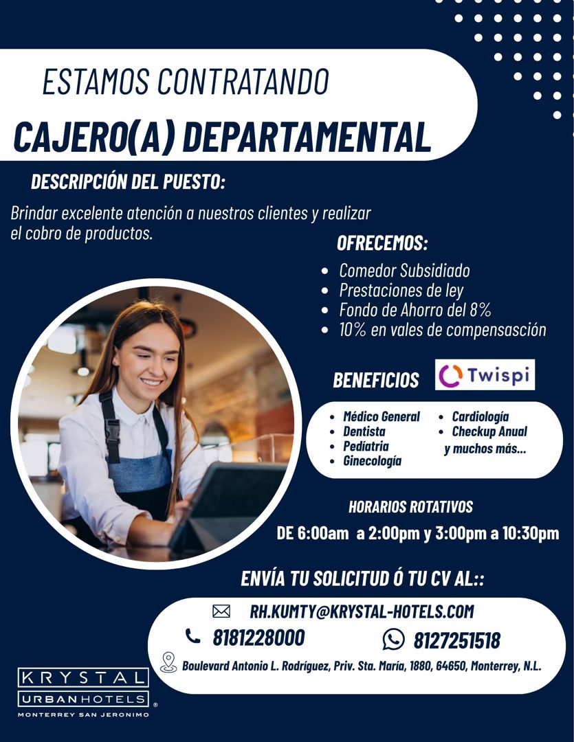Banner del anuncio de la vacante: ESTAMOS CONTRATANDO · CAJERO(A) DEPARTAMENTAL · DESCRIPCIÓN DEL PUESTO: · Brindar excelente atención a nuestros clientes y realizar · el cob
