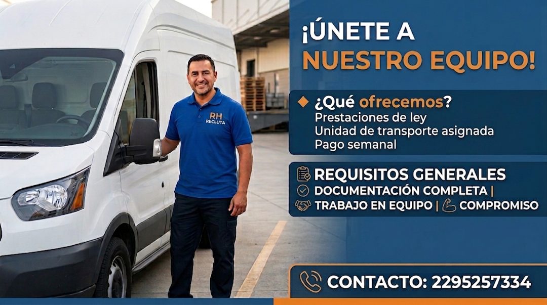 Banner del anuncio de la vacante: RH · RECLUTA · ¡ÚNETE A · NUESTRO EQUIPO! · ¿Qué ofrecemos? · Prestaciones de ley · Unidad de transporte asignada · Pago semanal · E REQUISI