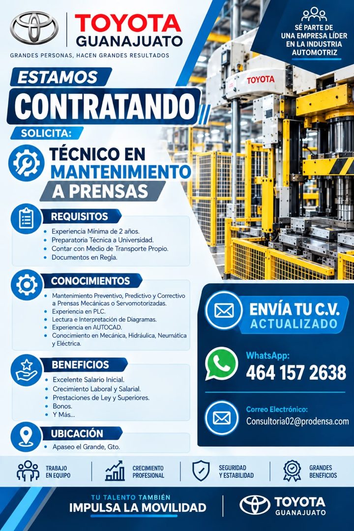 Banner del anuncio de la vacante: TOYOTA · GUANAJUATO · GRANDES PERSONAS, HACEN GRANDES RESULTADOS · ESTAMOS · CONTRATANDO · SOLICITA: · TÉCNICO EN · MANTENIMIENTO · A PRENSA