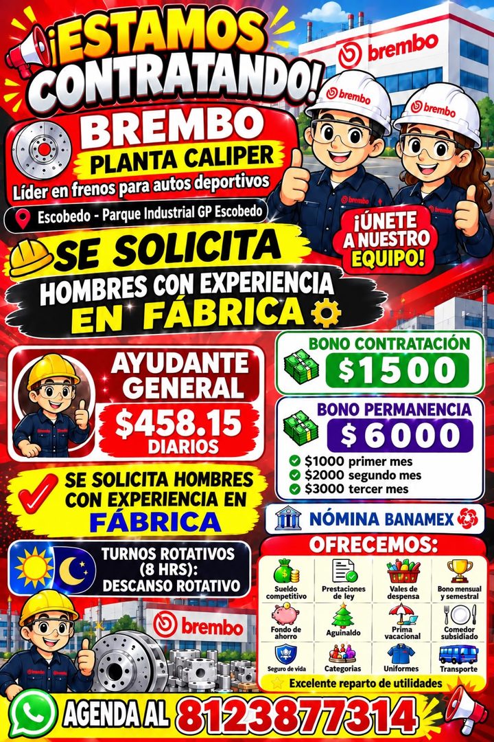Banner del anuncio de la vacante: TESTAMOS · CONTRATANDO! · brembo · O brembo · BREMBO · ) brembo · PLANTA CALIPER · Líder en frenos para autos deportivos · Escobedo - Parque