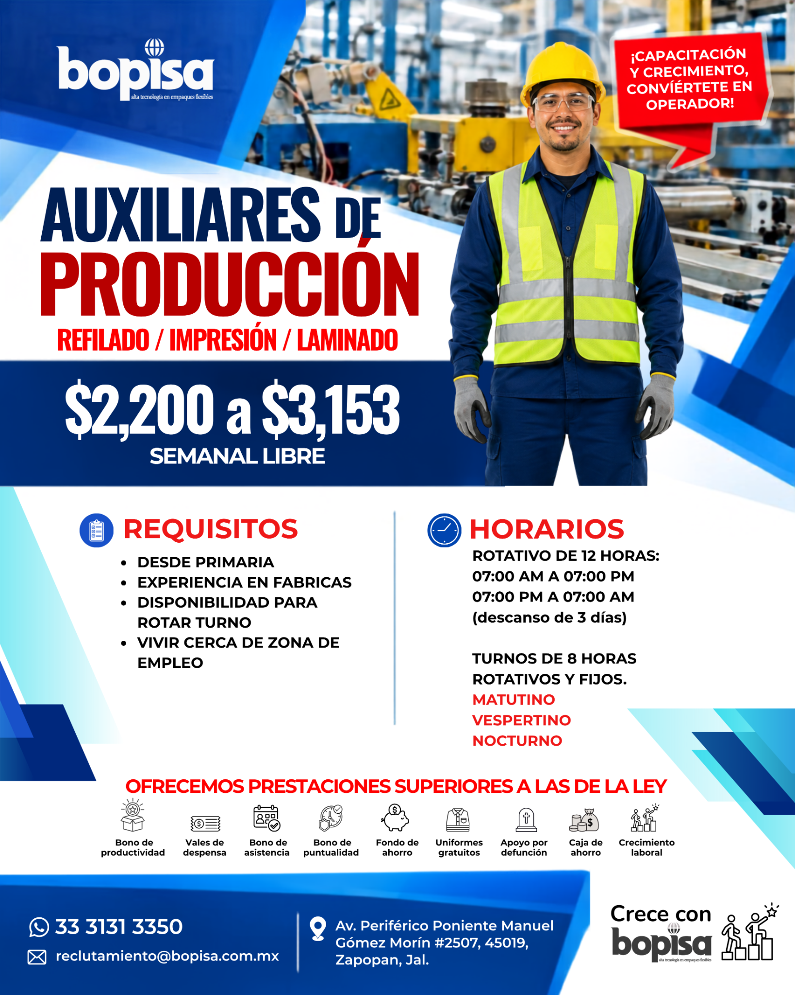 Banner del anuncio de la vacante: bopisa · tecnología en empaques flexibles · ¡CAPACITACIÓN · Y CRECIMIENTO, · CONVÍÉRTETE EN · OPERADOR! · AUXILIARES DE · PRODUCCION · REFIL