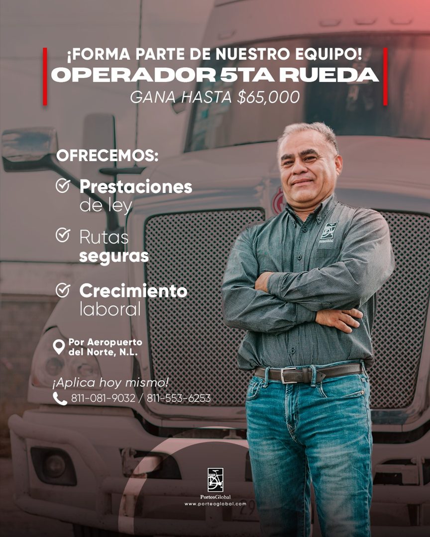Banner del anuncio de la vacante: ¡FORMA PARTE DE NUESTRO EQUIPO! · OPERADOR 5TA RUEDA · GANA HASTA $65,000 · OFRECEMOS: · o Prestaciones · de ley · Rutas · seguras · © Creci