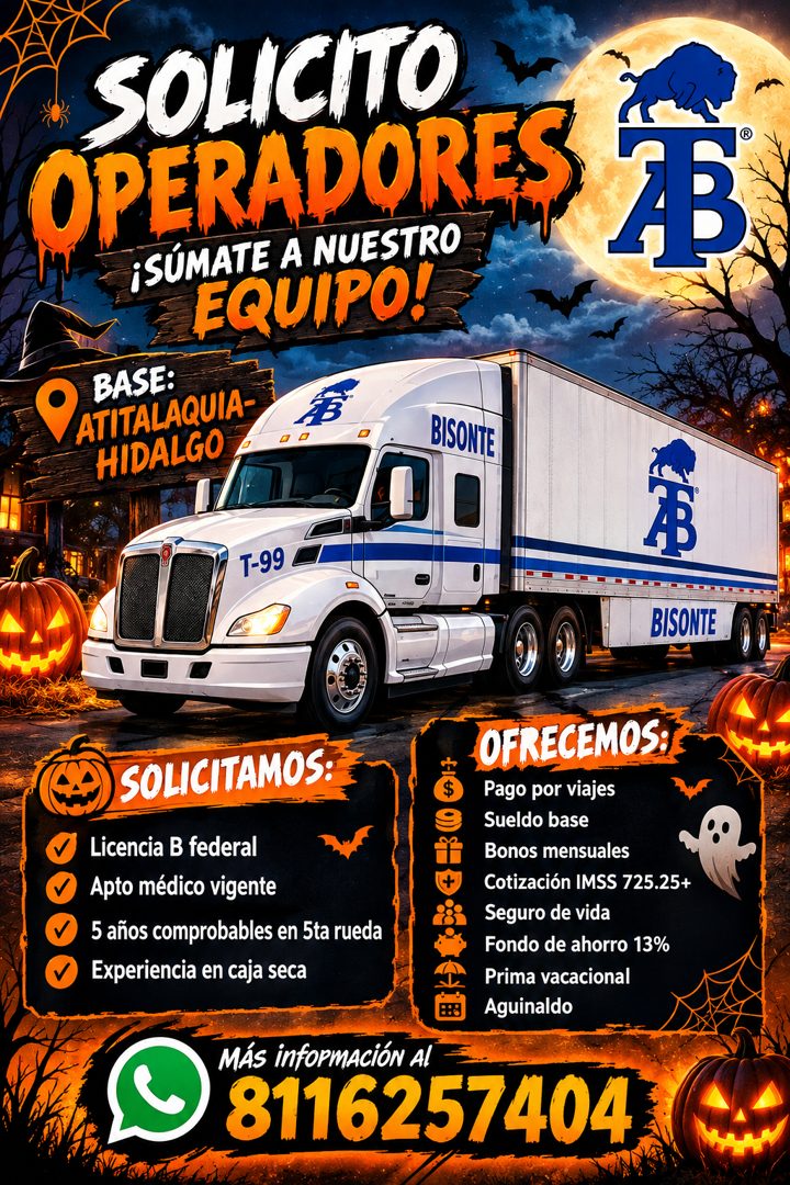 Banner del anuncio de la vacante: SOLICITO · OPERADORES · ¡SÚMATE A NUESTRO · EQUIPO! · BASE: · ATITALAQUIA- · HIDALGO · BISONTE · AB · T-99 · BISONTE · ) SOLICITAMOS: · Lice