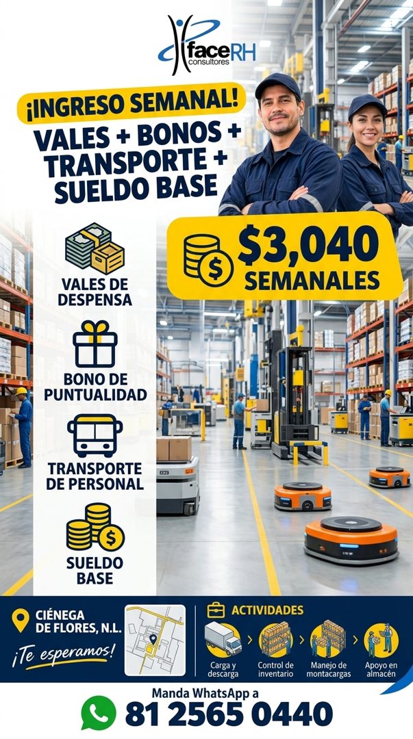 Banner del anuncio de la vacante: < faceRH · ¡INGRESO SEMANAL! · VALES + BONOS + · TRANSPORTE + · SUELDO BASE · VALES DE · DESPENSA · $3,040 · SEMANALES · BONO DE · PUNTUALID
