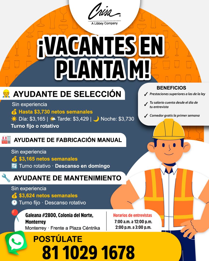 Banner del anuncio de la vacante: Crisa · A Libbey Company · EVACANTES EN · PLANTA M! · * AYUDANTE DE SELECCIÓN · Sin experiencia · Hasta $3,730 netos semanales · Día: $3,165
