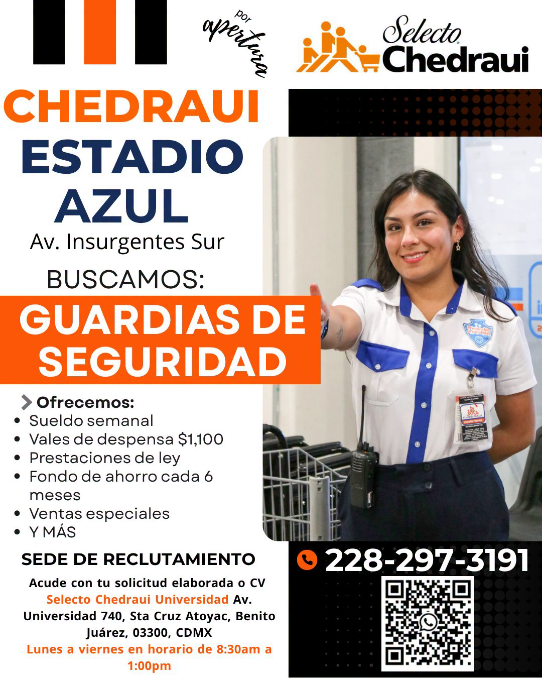 Banner del anuncio de la vacante: Selecto · •Chedraui · CHEDRAUI · ESTADIO · AZUL · Av. Insurgentes Sur · BUSCAMOS: · GUARDIAS DE · SEGURIDAD · > Ofrecemos: · • Sueldo semana
