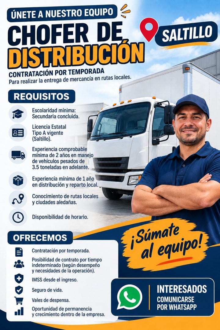Banner del anuncio de la vacante: ÚNETE A NUESTRO EQUIPO · CHOFER DE · DISTRIBUCION · CONTRATACIÓN POR TEMPORADA · Para realizar la entrega de mercancía en rutas locales. · R
