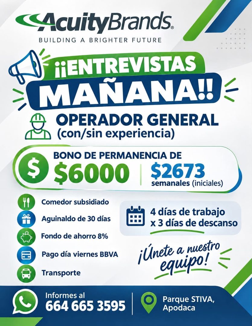 Banner del anuncio de la vacante: AcuityBrands. · BUILDING A BRIGHTER FUTURE · PENTREVISTAS · > MAÑANA!! · OPERADOR GENERAL · (con/sin experiencia) · BONO DE PERMANENCIA DE ·