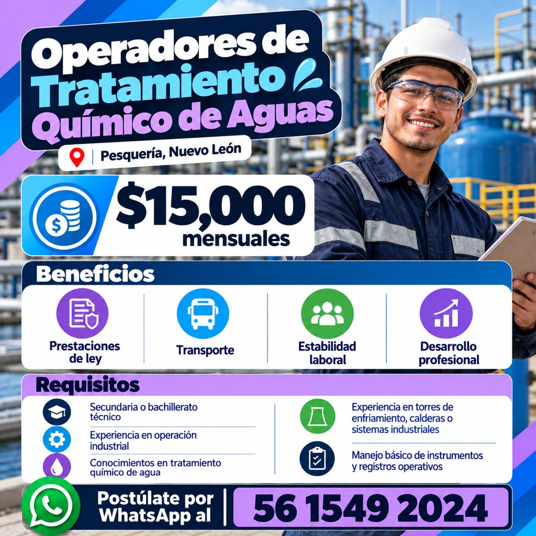 Banner del anuncio de la vacante: Operadores de · Tratamiento 2 · Químico de Aguas · Pesquería, Nuevo León · $15,000 · mensuales · Beneficios · Prestaciones · Transporte · de