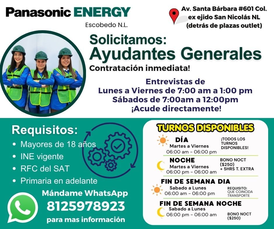 Banner del anuncio de la vacante: Panasonic ENERGY · Escobedo N.L. · Av. Santa Barbara #601 Col. · ex ejido San Nicolás NL · (detrás de plazas outlet) · Solicitamos: · Ayudan