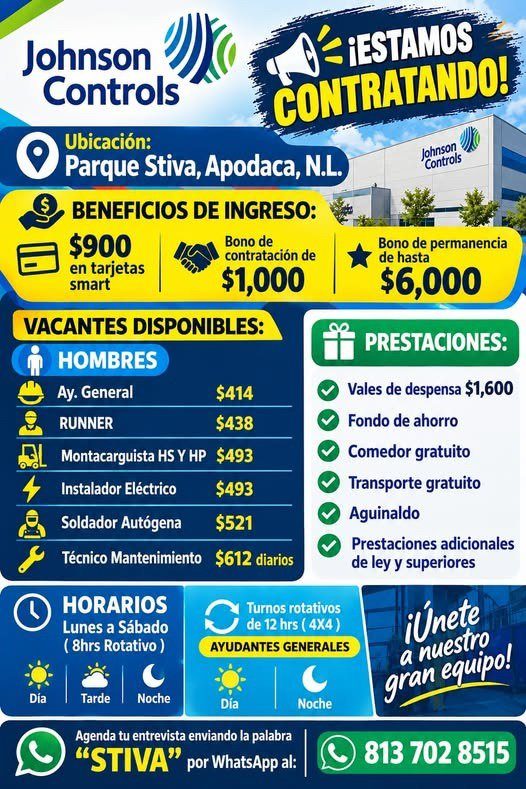Banner del anuncio de la vacante: Johnson · Controls · -¡ESTAMOS · CONTRATANDO! · Ubicación: · Parque Stiva, Apodaca, N.L. · BENEFICIOS DE INGRESO: · $900 · Bono de · contrat