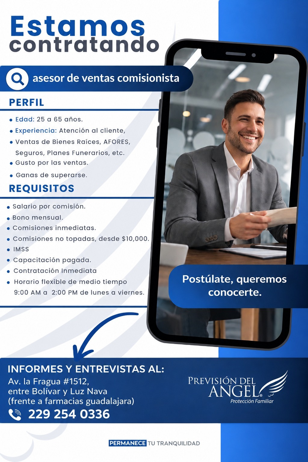 Banner del anuncio de la vacante: Estamos · contratando · asesor de ventas comisionista · PERFIL · • Edad: 25 a 65 años. · • Experiencia: Atención al cliente, · • Ventas de B