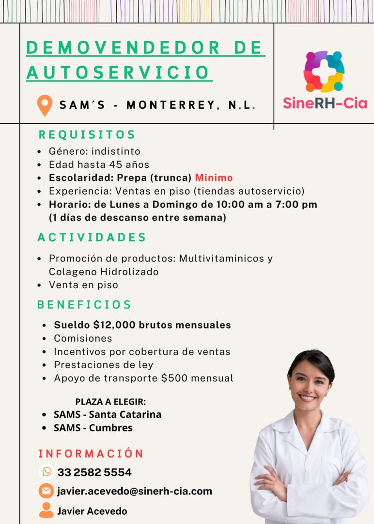 Banner del anuncio de la vacante: DEMOVENDEDOR DE · AUTOSERVICIO · SAM'S - MONTERREY, N.L. · REQUISITOS · • Género: indistinto · • Edad hasta 45 años · • Escolaridad: Prepa (