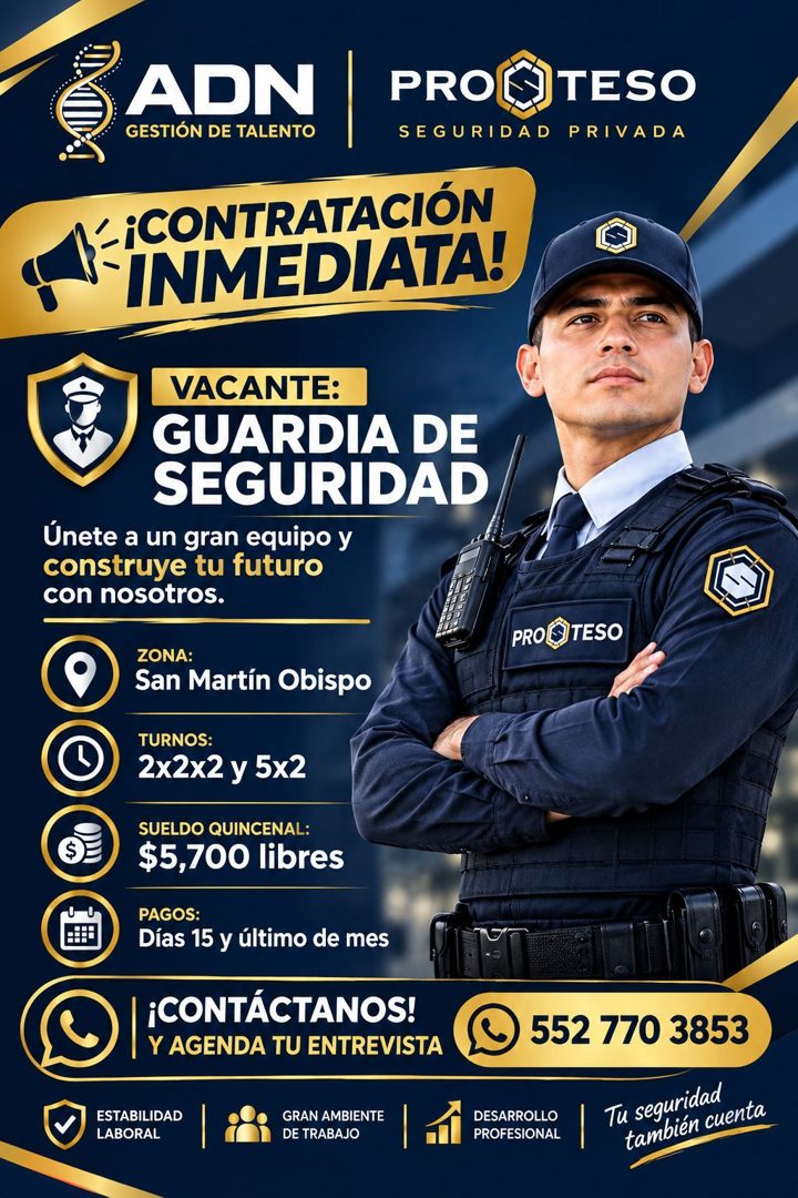 Banner del anuncio de la vacante: ADN · GESTIÓN DE TALENTO · PRO · SEGURIDAD · ¡CONTRATACIÓN · INMEDIATA! · TESO · PRIVADA · VACANTE: · GUARDIA DE · SEGURIDAD · Únete a un gr