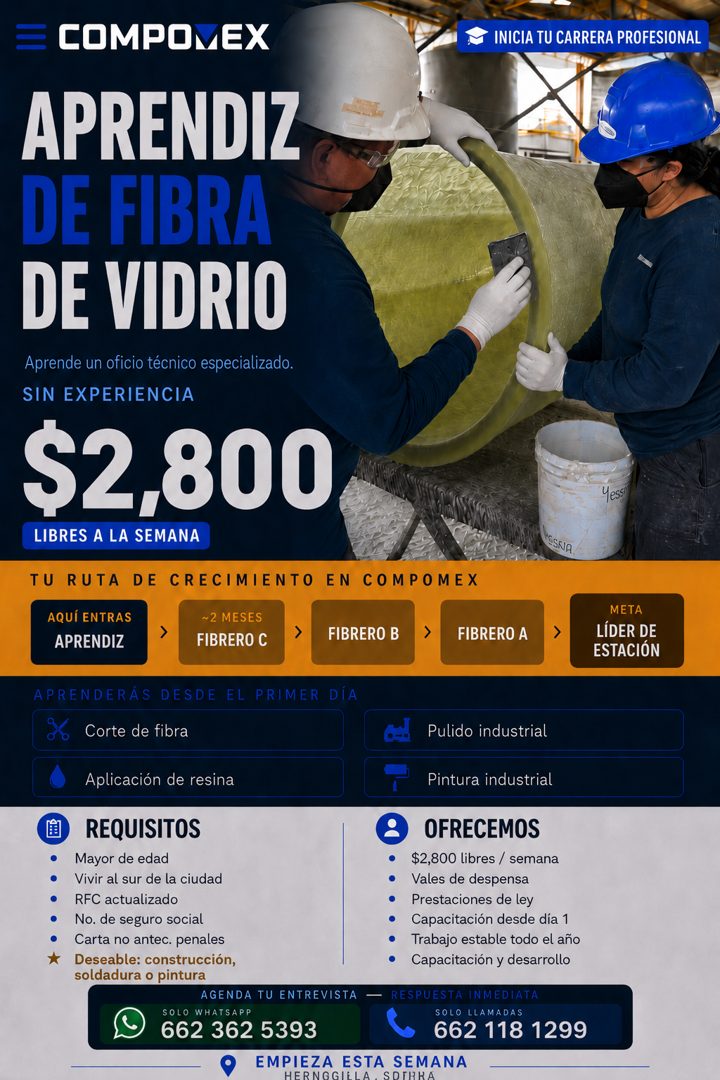 Banner del anuncio de la vacante: = COMPOMEX · INICIA TU CARRERA PROFESIONAL · APRENDIZ · DE FIBRA · DE VIDRIO · Aprende un oficio técnico especializado. · SIN EXPERIENCIA · 