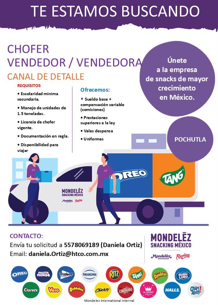 Banner del anuncio de la vacante: TE ESTAMOS BUSCANDO · CHOFER · VENDEDOR / VENDEDORA · CANAL DE DETALLE · REQUISITOS · Ofrecemos: · • Escolaridad minima · secundaria. · • Ma