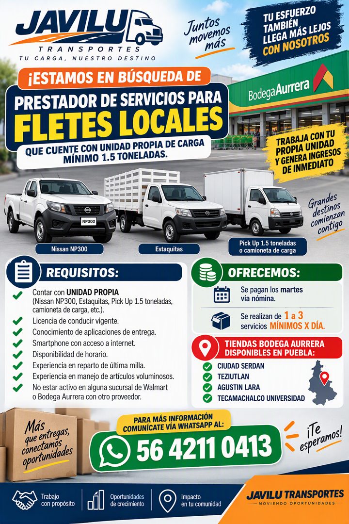 Banner del anuncio de la vacante: JAVILU · TRANSPORTES · Juntos · movemos · mas · TU CARGA, NUESTRO DESTINO · ¡ESTAMOS EN BÚSQUEDA DE · PRESTADOR DE SERVICIOS PARA · FLETES L