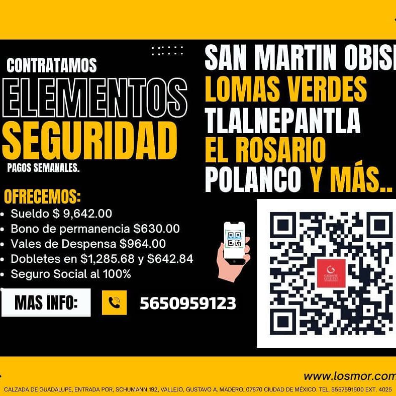 Banner del anuncio de la vacante: CONTRATAMOS · ELEMENTOS · SEGURIDAD · PAGOS SEMANALES. · OFRECEMOS: · • Sueldo $ 9,642.00 · • Bono de permanencia $630.00 · • Vales de Despe