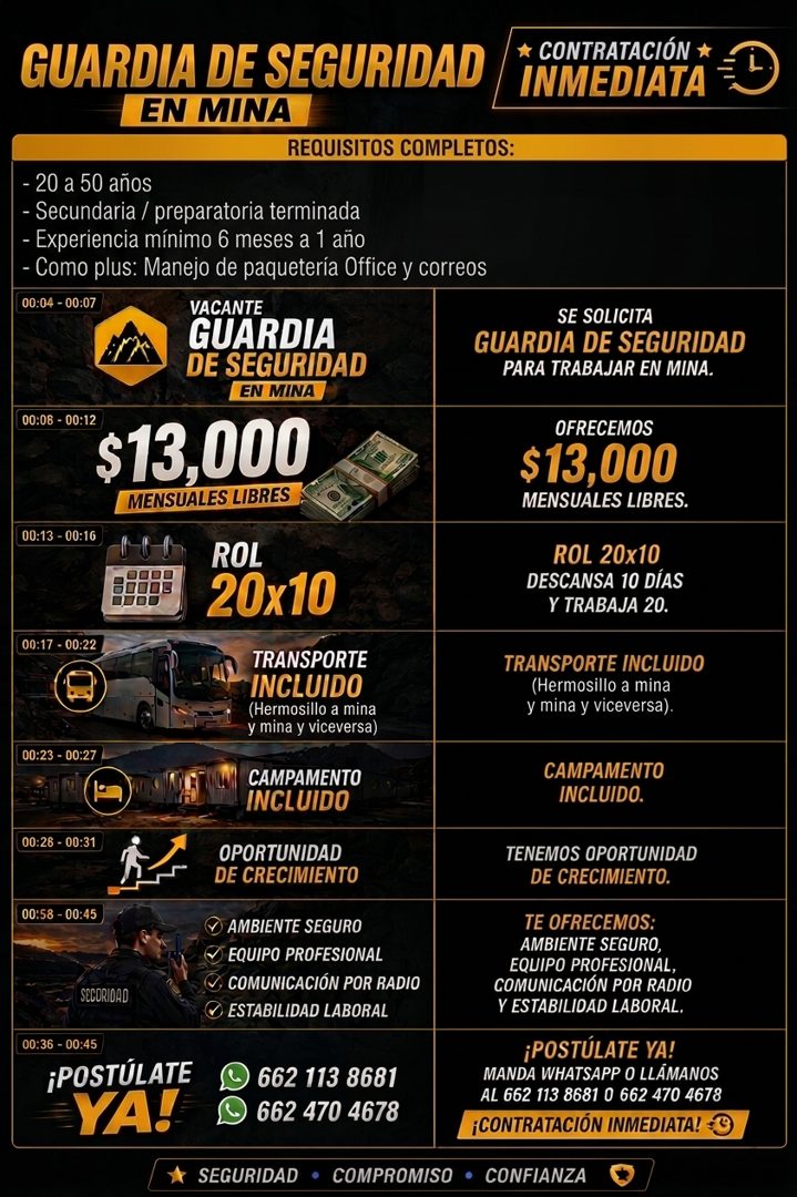 Banner del anuncio de la vacante: GUARDIA DE SEGURIDAD · EN MINA · * CONTRATACIÓN * · INMEDIATA · REQUISITOS COMPLETOS: · - 20 a 50 años · - Secundaria / preparatoria termina