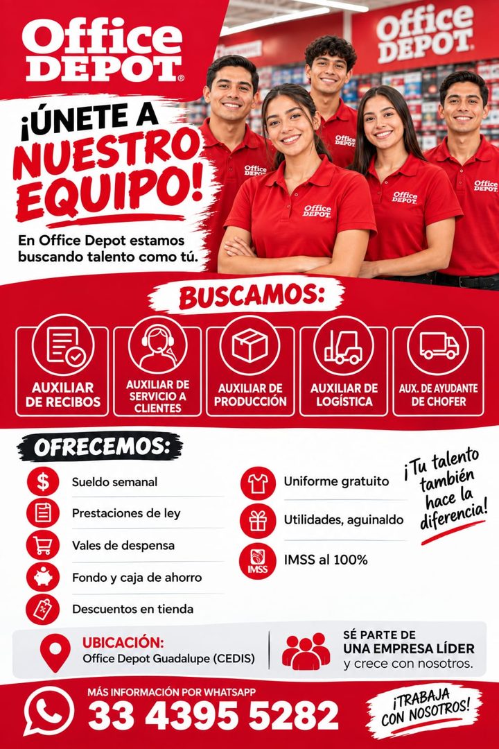 Banner del anuncio de la vacante: Office · DEPOT.® · ¡ÚNETE A · NUESTRO · EQUIPO! · gefice · BPO · En Office Depot estamos · buscando talento como tú. · BUSCAMOS: · office · 