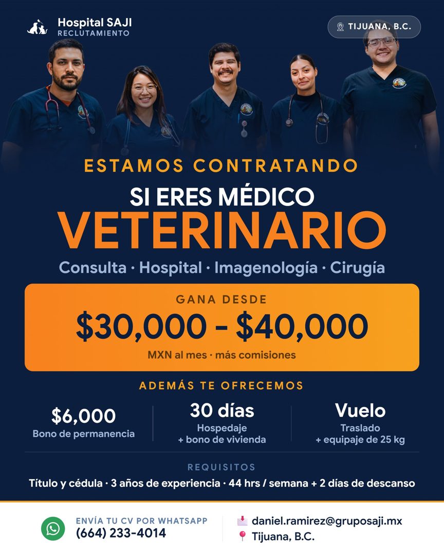 Banner del anuncio de la vacante: Hospital SAJI · RECLUTAMIENTO · TIJUANA, B.C. · ESTAMOS CONTRATANDO · SI ERES MÉDICO · VETERINARIO · Consulta • Hospital • Imagenología • Ci