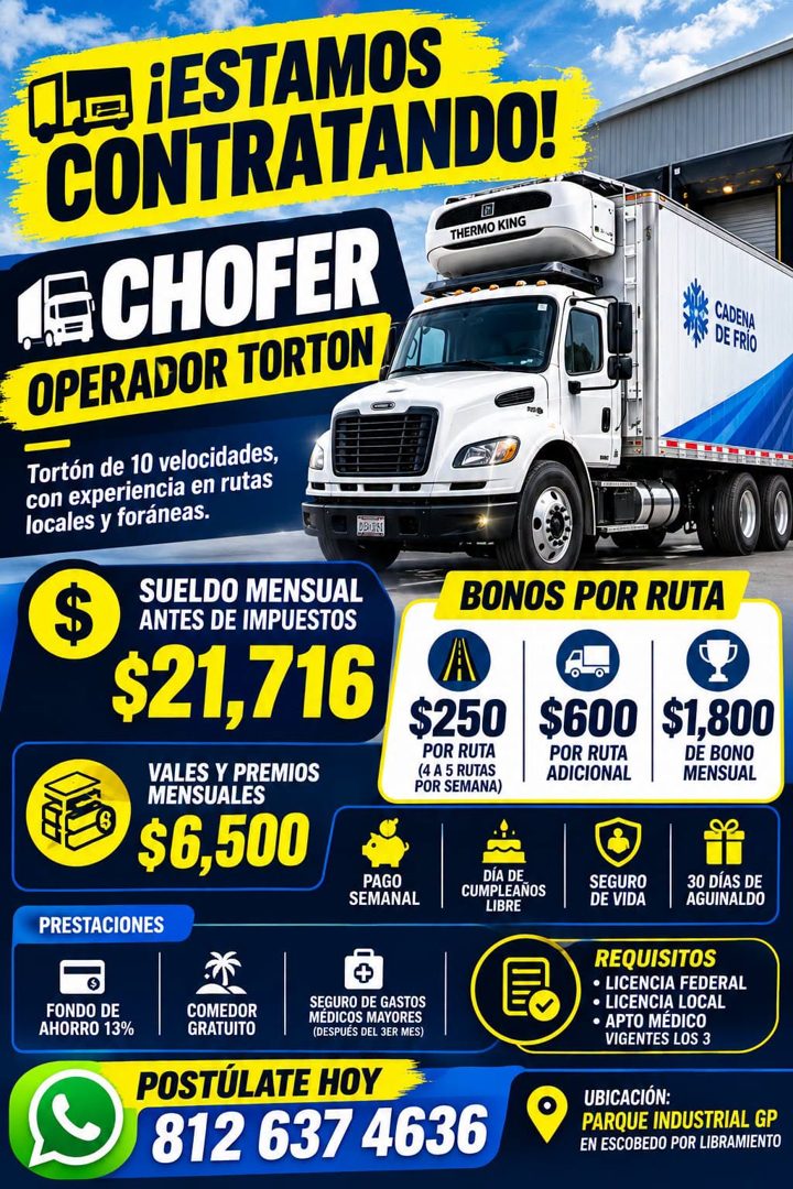 Banner del anuncio de la vacante: LE ¡ESTAMOS · CONTRATANDO! · LE CHOFER · THERMO KING · OPERADOR TORTON · Tortón de 10 velocidades, · con experiencia en rutas · locales y fo