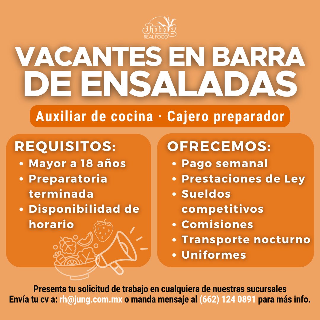Banner del anuncio de la vacante: REAL FOOD · VACANTES EN BARRA · DE ENSALADAS · Auxiliar de cocina • Cajero preparador · REQUISITOS: · • Mayor a 18 años · • Preparatoria · t