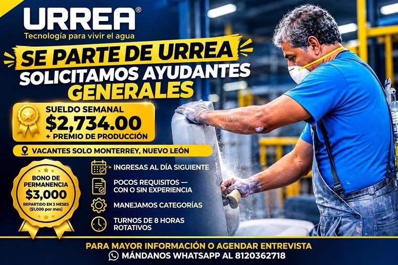 Banner del anuncio de la vacante: URREA® · Tecnología para vivir el agua · SE PARTE DE URREA E · SOLICITAMOS AYUDANTES · GENERALES · SUELDO SEMANAL · $2,734.00 · + PREMIO DE 