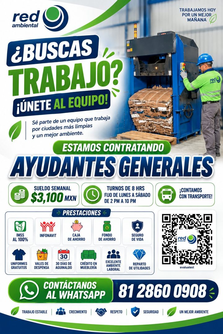 Banner del anuncio de la vacante: red · ambiental · TRABAJAMOS HOY · POR UN MEJOR · MAÑANA · ¿BUSCAS · TRABAJO? · ¡ÚNETE AL EQUIPO! · Sé parte de un equipo que trabaja · por 