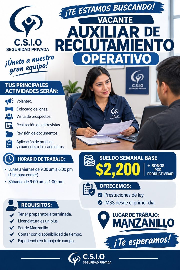 Banner del anuncio de la vacante: ¡TE ESTAMOS BUSCANDO! · VACANTE · AUXILIAR DE · RECLUTAMIENTO · OPERATIVO · C.S.I.O · SEGURIDAD PRIVADA · ¡Únete a nuestro · gran equipo! · 