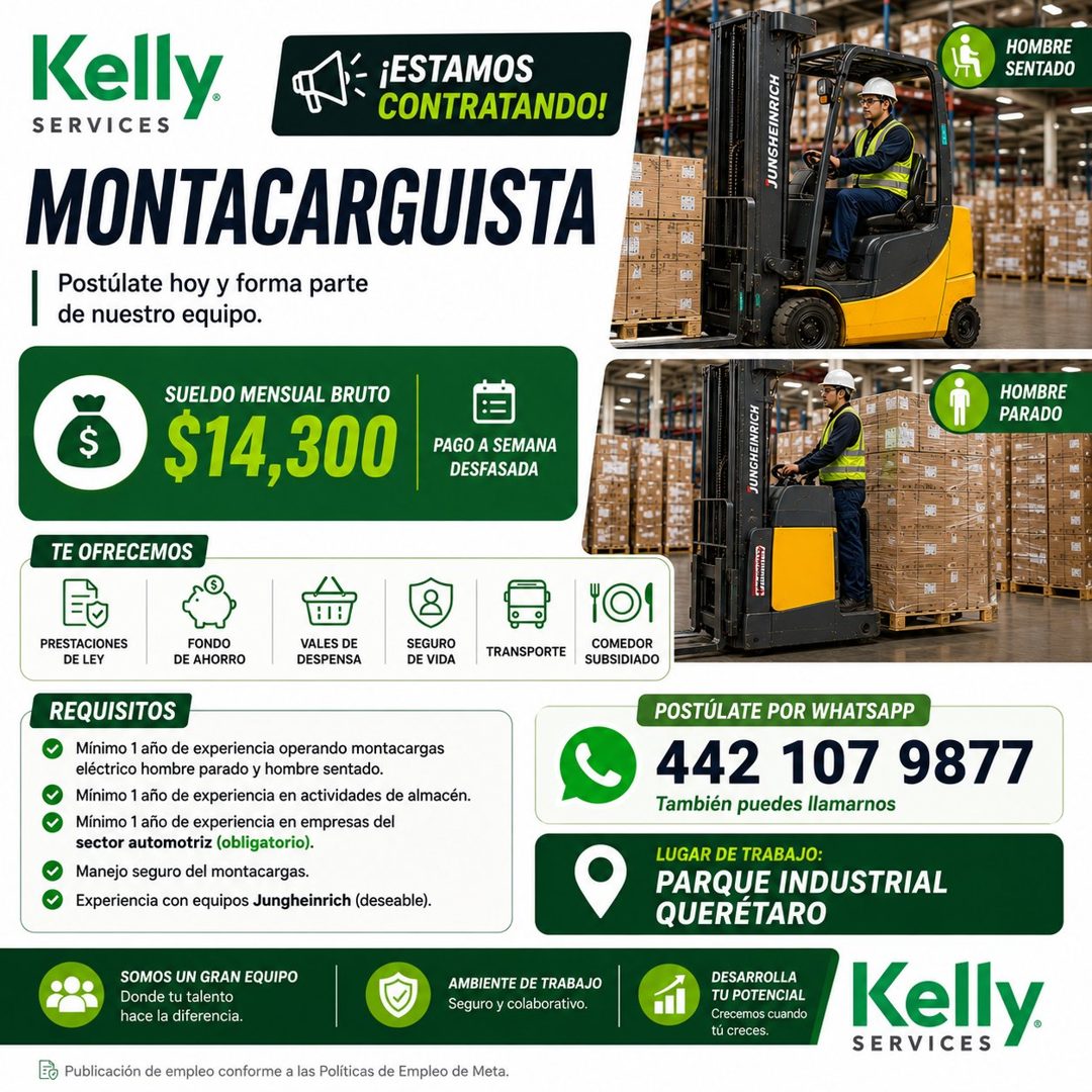 Banner del anuncio de la vacante: Kelly. · ¡ESTAMOS · CONTRATANDO! · SERVICES · MONTACARGUISTA · Postulate hoy y forma parte · de nuestro equipo. · HOMBRE · SENTADO · JUNSHEI