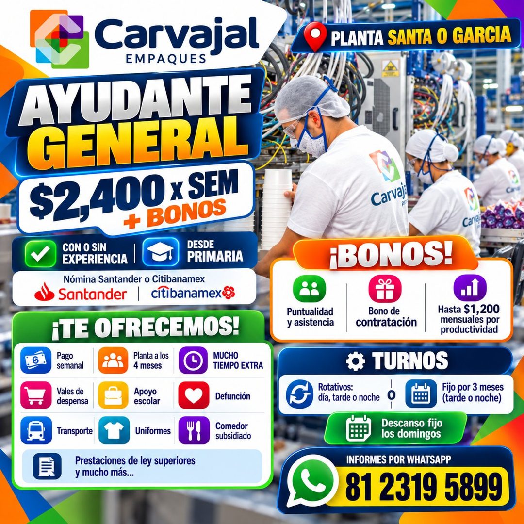 Banner del anuncio de la vacante: Carvajal · EMPAQUES · AYUDANIE · GENERAL · $Z,400 xS. · + BONOS · CON O SIN · EXPERIENCIA · DESDE · PRIMARIA · Nómina Santander o Citibaname