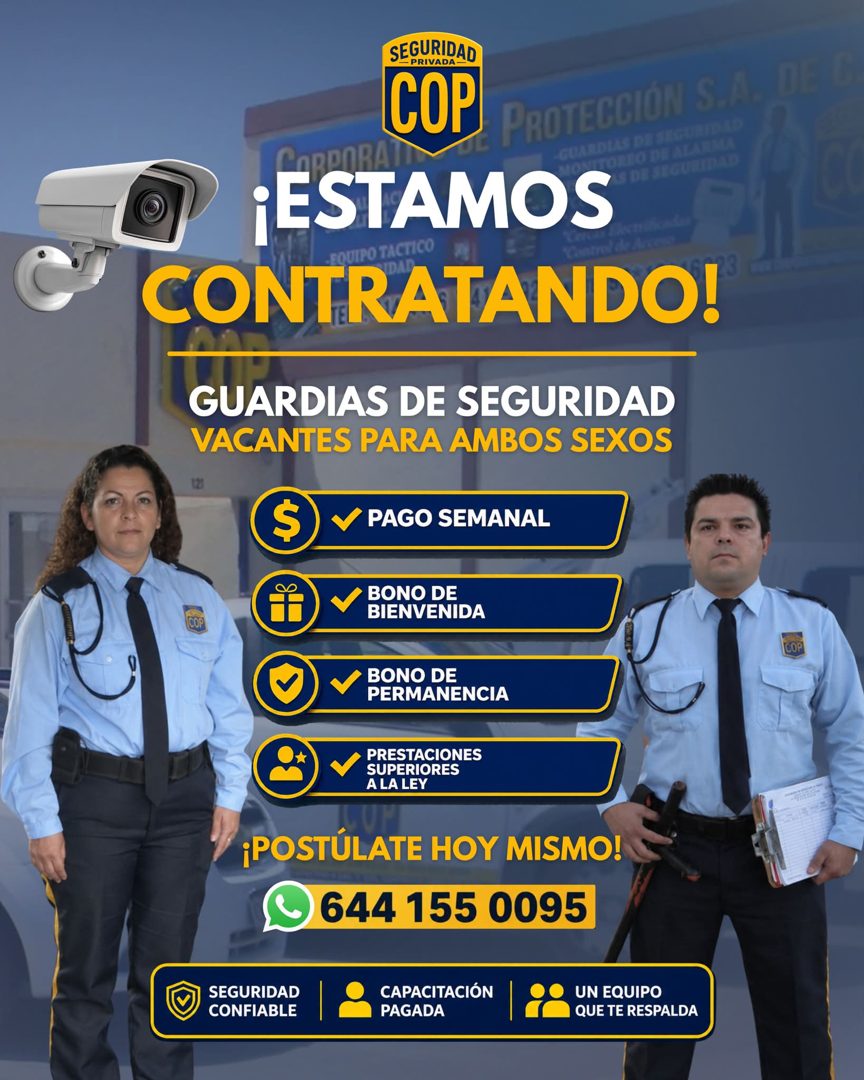 Banner del anuncio de la vacante: SEGURIDAD · PRIVADA · COP · PROTECCIÓN S.A · PPOR. · JUARDIAS DE SEGURID IS · ALARMA · ¡ESTAMOS · GUEID LE · UIPO TACTICO · CONTRATANDO! · G
