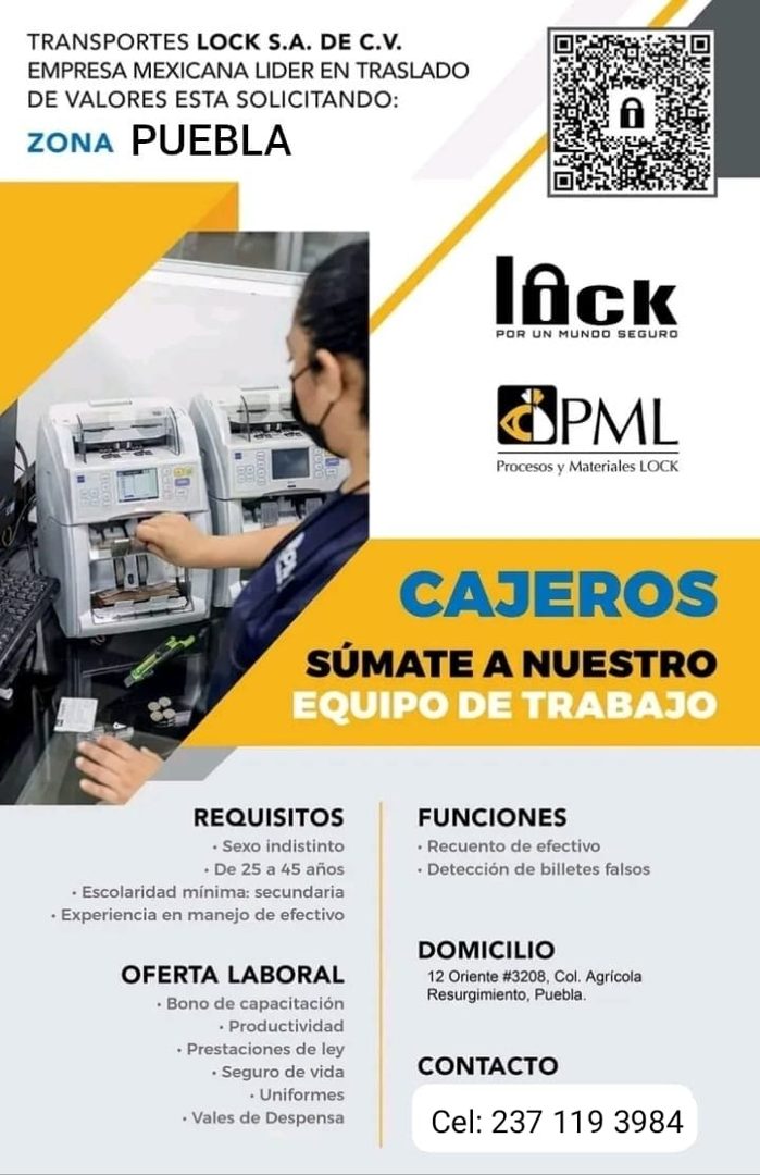Banner del anuncio de la vacante: TRANSPORTES LOCK S.A. DE C.V. · EMPRESA MEXICANA LIDER EN TRASLADO · DE VALORES ESTA SOLICITANDO: · ZONA PUEBLA · lAck · POR UN MUNDO SEGURO