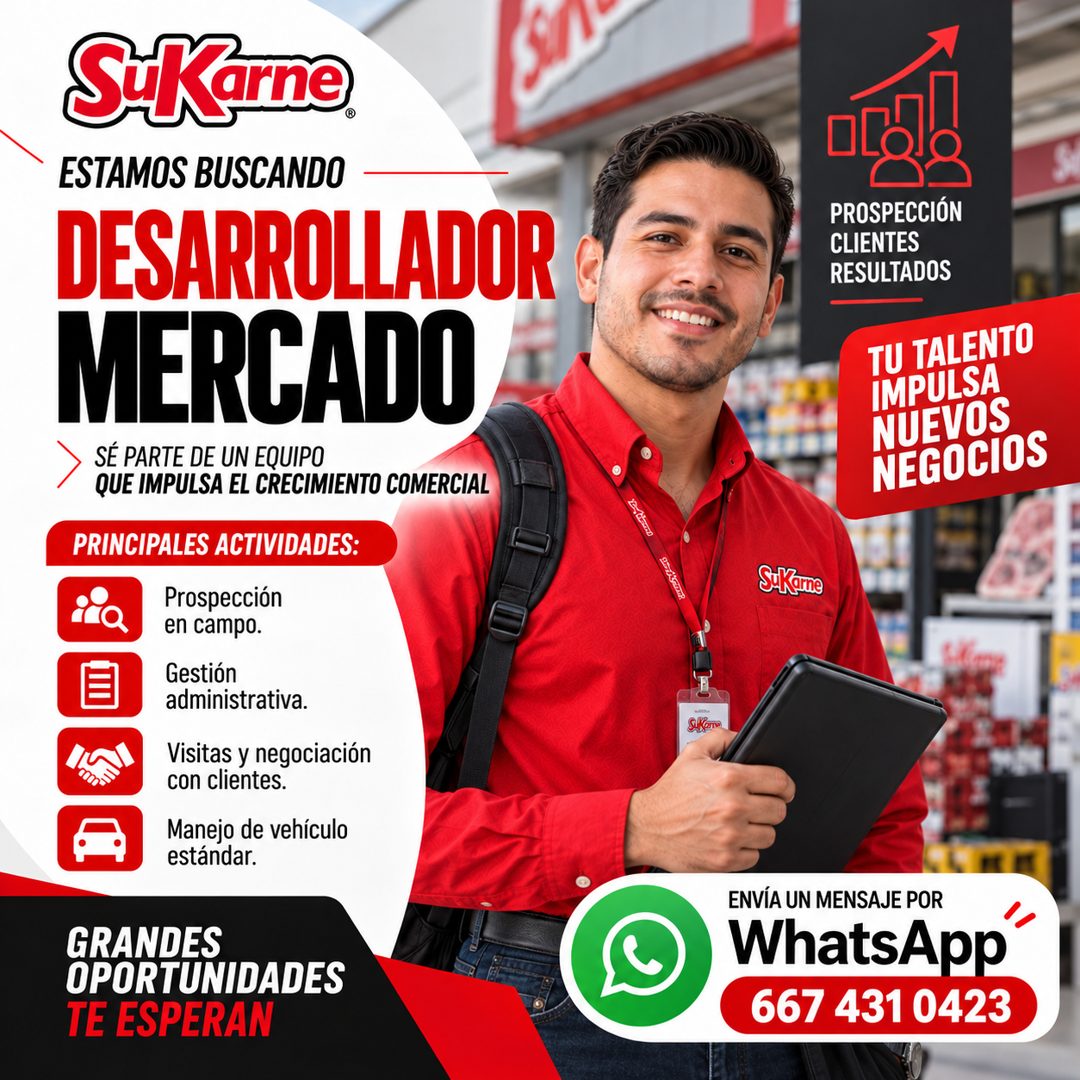 Banner del anuncio de la vacante: SeKarne® · ESTAMOS BUSCANDO · DESARROLLADOR · MERCADO · SÉ PARTE DE UN EQUIPO · QUE IMPULSA EL CRECIMIENTO COMERCIAL · PRINCIPALES ACTIVIDAD