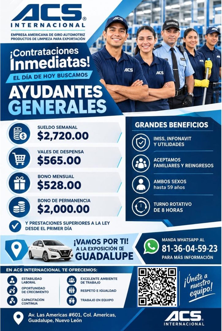 Banner del anuncio de la vacante: ACS. · INTERNACIONAL · EMPRESA AMERICANA DE GIRO AUTOMOTRIZ · PRODUCTOS DE LIMPIEZA PARA EXPORTACIÓN · ¡Contrataciones · Inmediatas! · EL DI