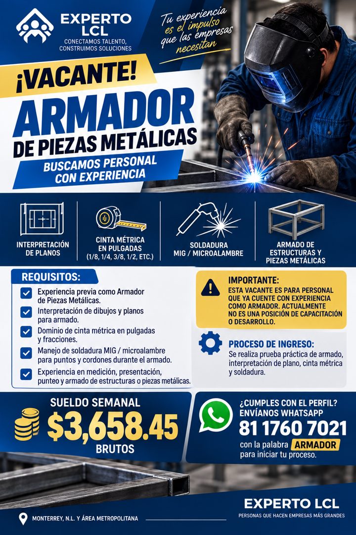 Banner del anuncio de la vacante: EXPERTO · LCL · CONECTAMOS TALENTO · CONSTRUIMOS SOLUCIONES · ¡VACANTE! · ARMADOR · DE PIEZAS METÁLICAS · BUSCAMOS PERSONAL · CON EXPERIENCI